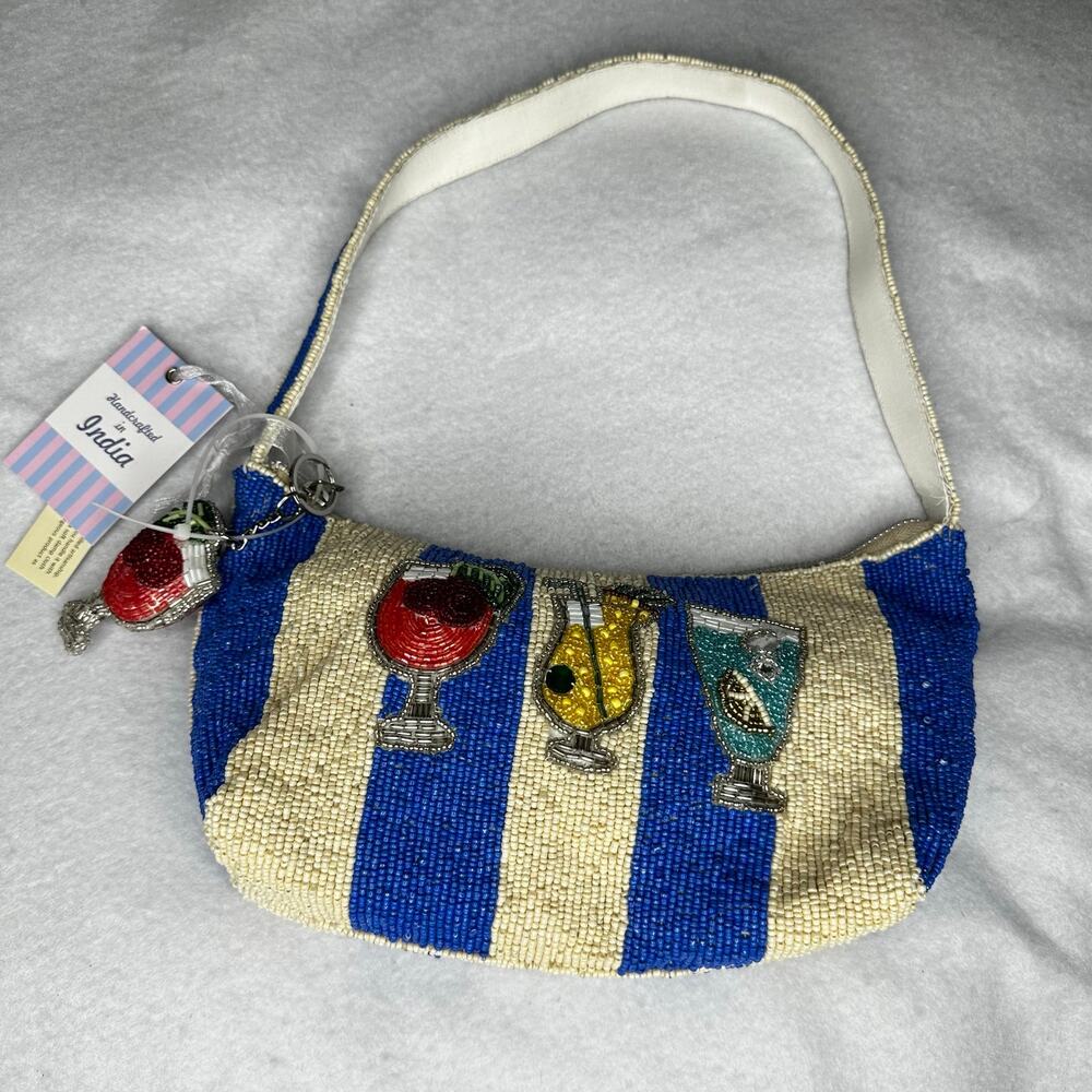 Viral TikTok Made in India Beaded Cocktail Handbag Purse Blue Stripe NWT